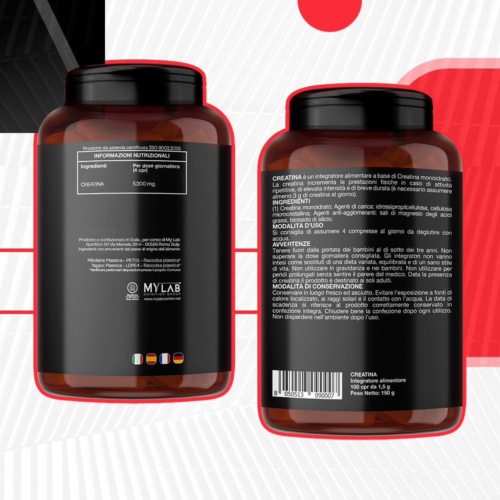 Due flaconi Creatina 1300. Retro con informazioni nutrizionali e istruzioni per l'uso. Logo MYLAB.