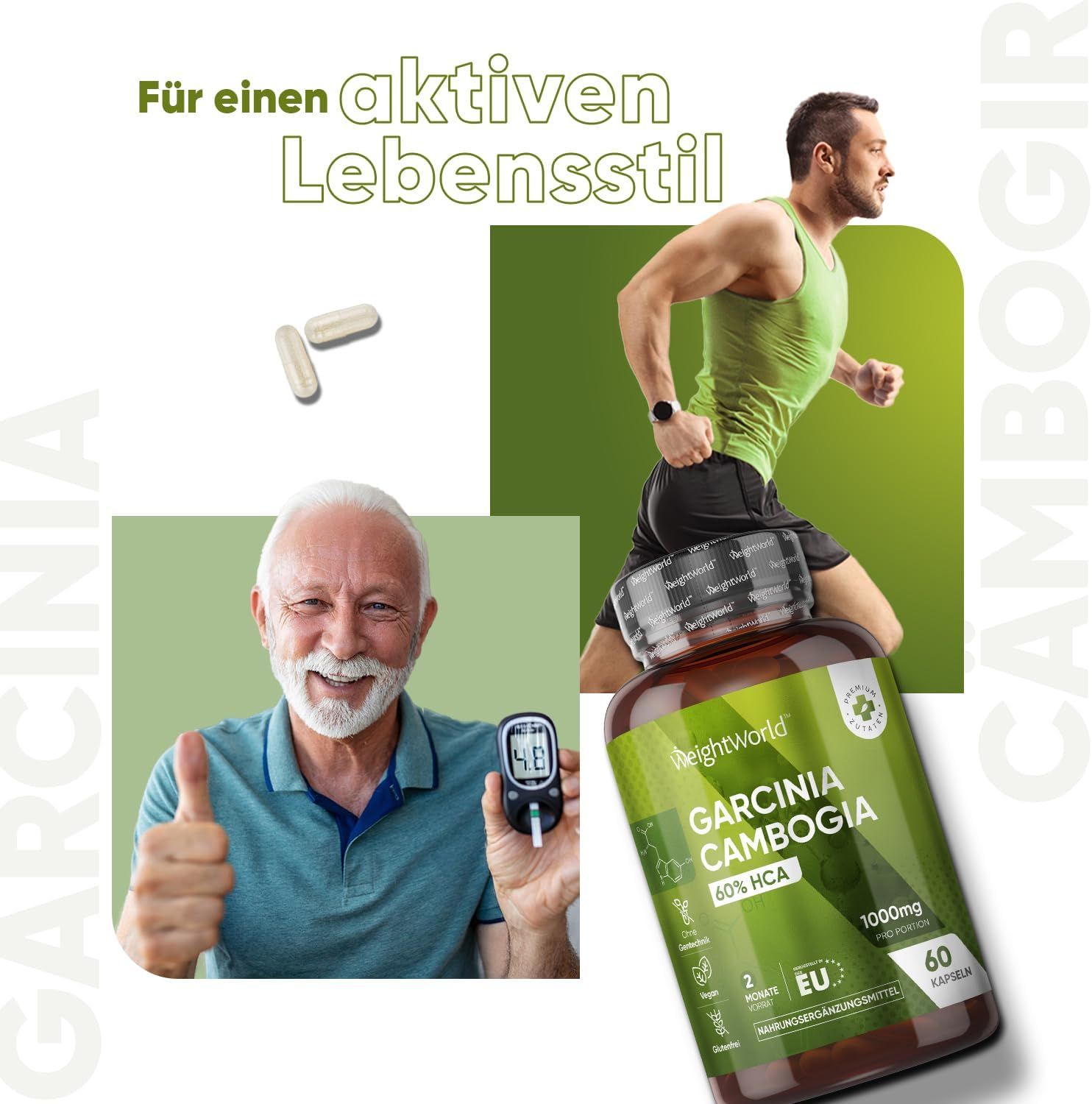 Immagine pubblicitaria con flacone Garcinia Cambogia. Persone mostrano pollice in su, corrono e misurano glicemia. Testo: stile di vita attivo.