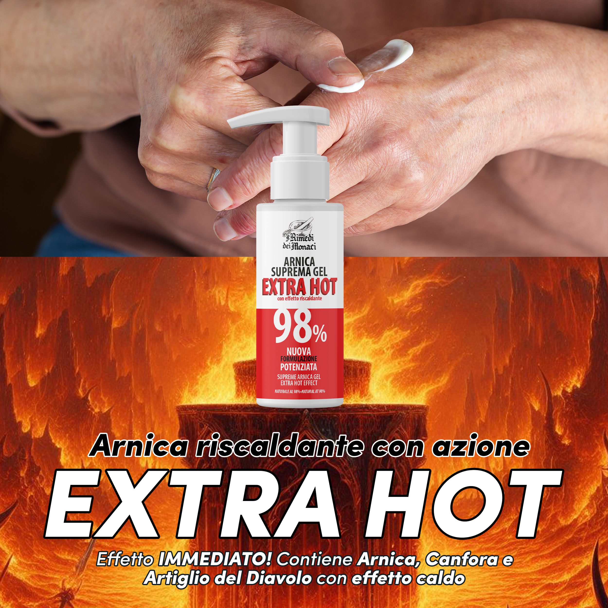 Flacone bianco con erogatore a pompa e etichetta rossa. Testo: Arnica Suprema Gel Extra Hot 98%. Gel sulla mano.