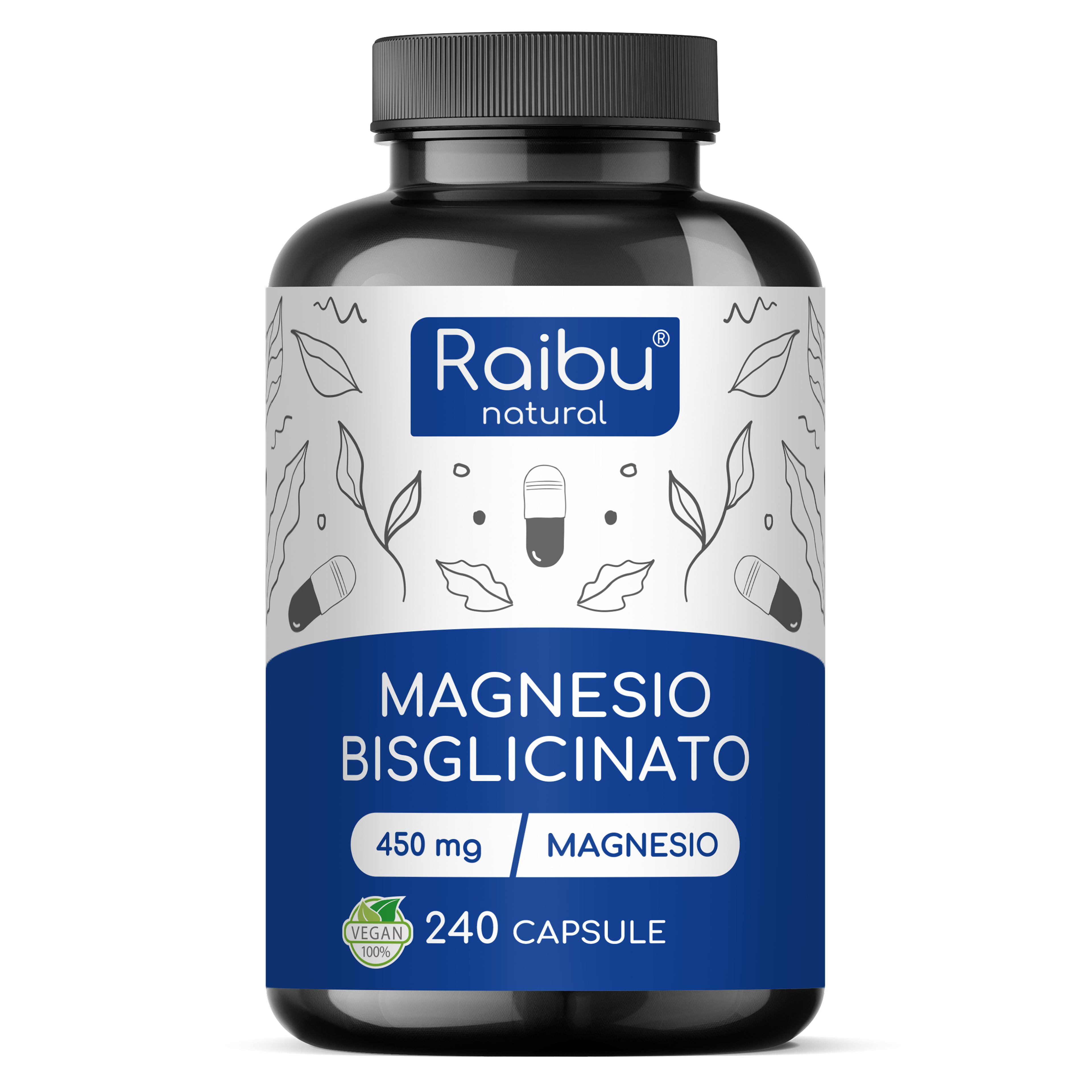 Magnesio Bisglicinato 450 mg Elementare – Alta Biodisponibilità – Vegane RAIBU