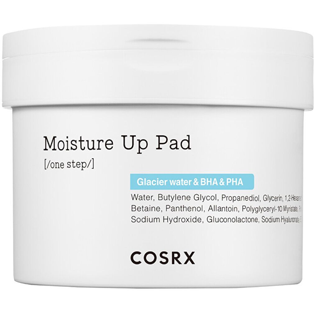COSRX Moisture Up Pad: Contenitore bianco con informazioni prodotto, inclusi "Glacier water & BHA & PHA".
