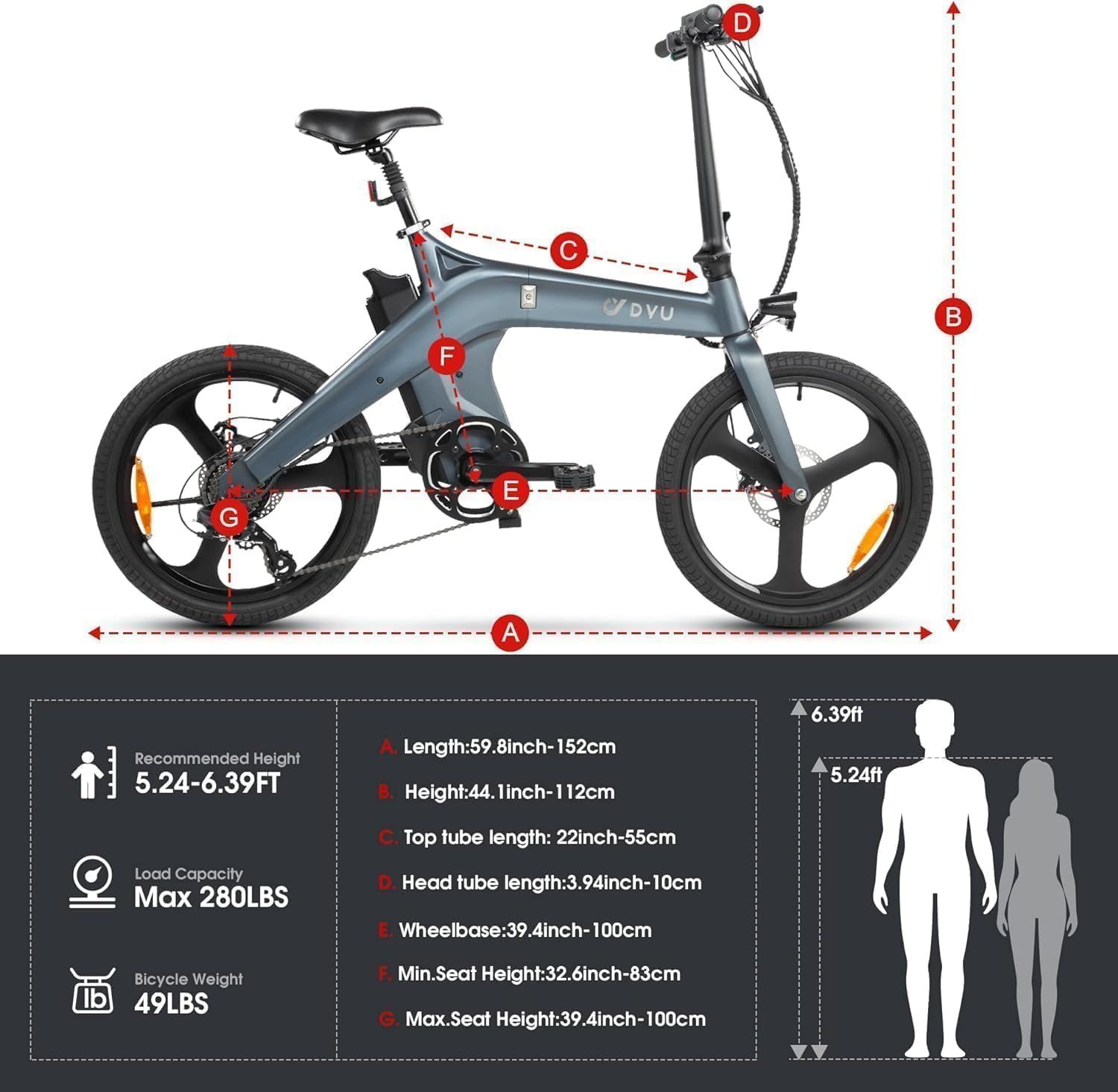 Diagramma con dimensioni e-bike DYU. Lunghezza, altezza, interasse e peso. Silhouette di persone.