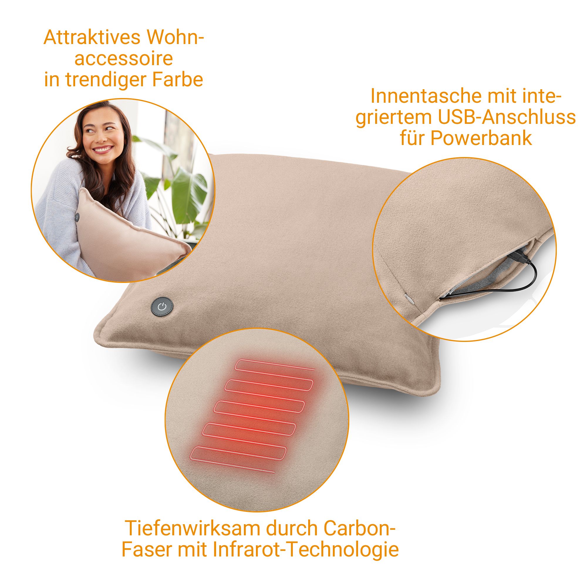 Cuscino riscaldante grigio sabbia con porta USB e tecnologia a infrarossi.