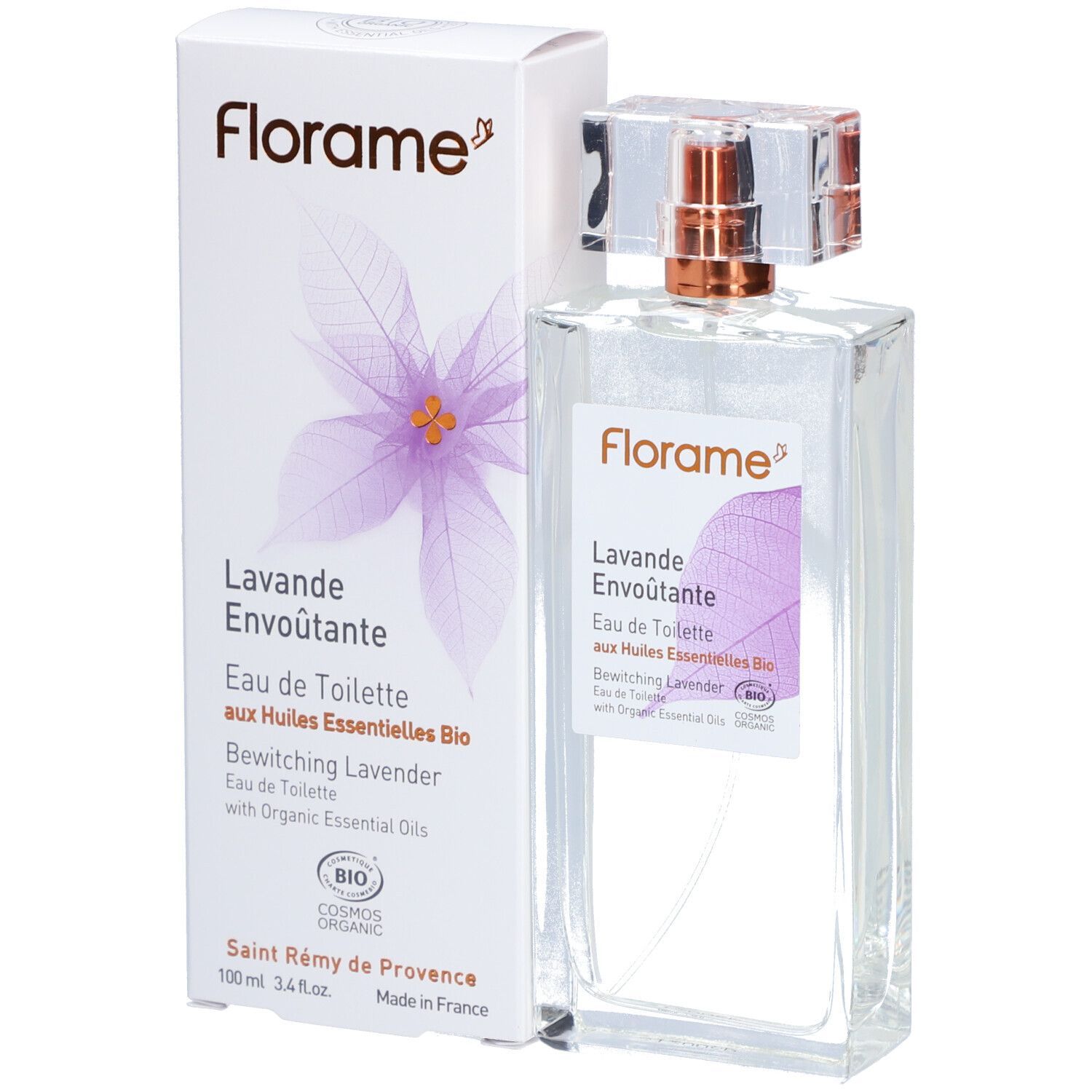 Flacone e scatola con logo e nome del prodotto. Scritta: Lavande Envoûtante, Eau de Toilette, Bio.