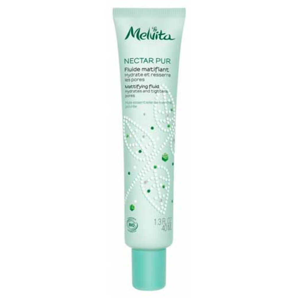 Tubo con tappo verde. Scritta: NECTAR PUR, Fluido matificante. Contiene 40 ml. Certificazione bio.