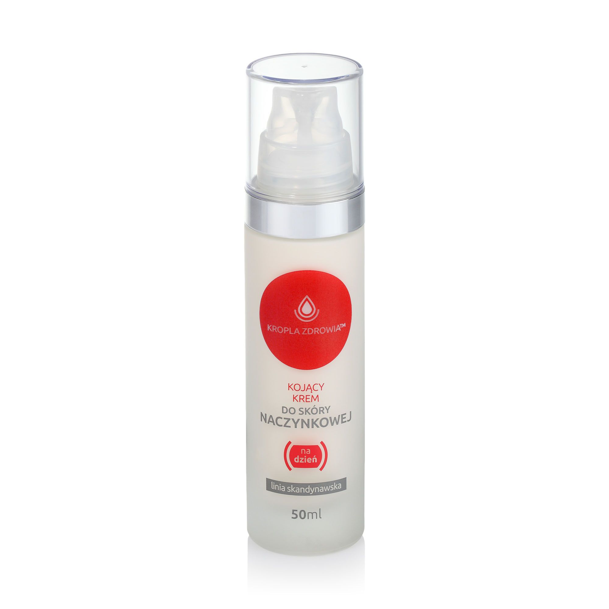 Flacone di crema con etichetta rossa. Testo: Kojący krem do skóry naczynkowej. 50ml. Coperchio trasparente. Scritta: Kropla Zdrowia.