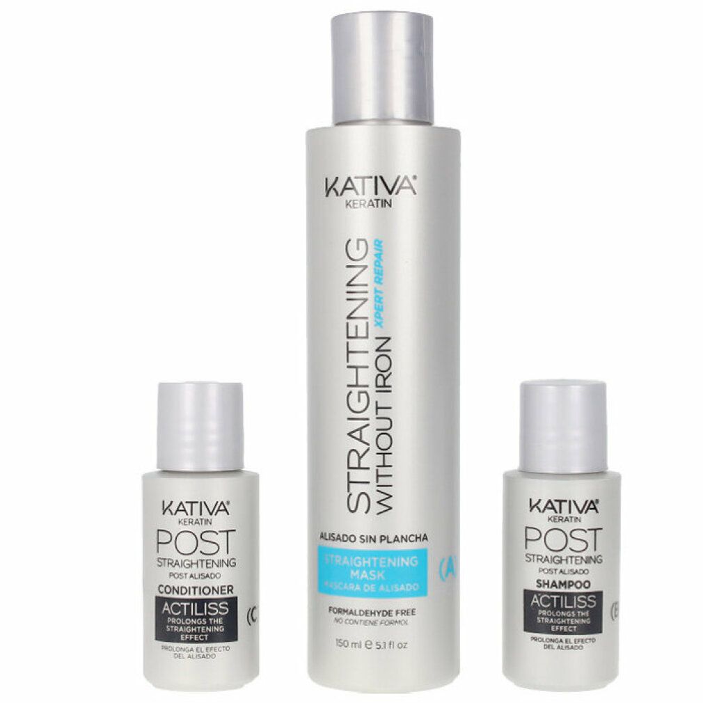Set per capelli con tre flaconi. Un flacone grande con la scritta "Straightening Without Iron". Due flaconi più piccoli con "Post Straightening".