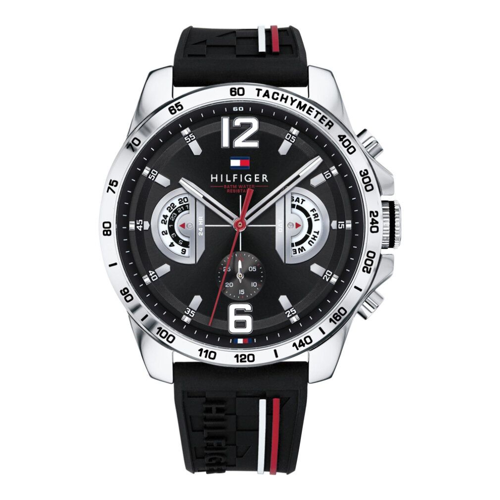 Orologio Tommy Hilfiger con quadrante nero, cassa argentata e cinturino nero. Dettagli rossi.