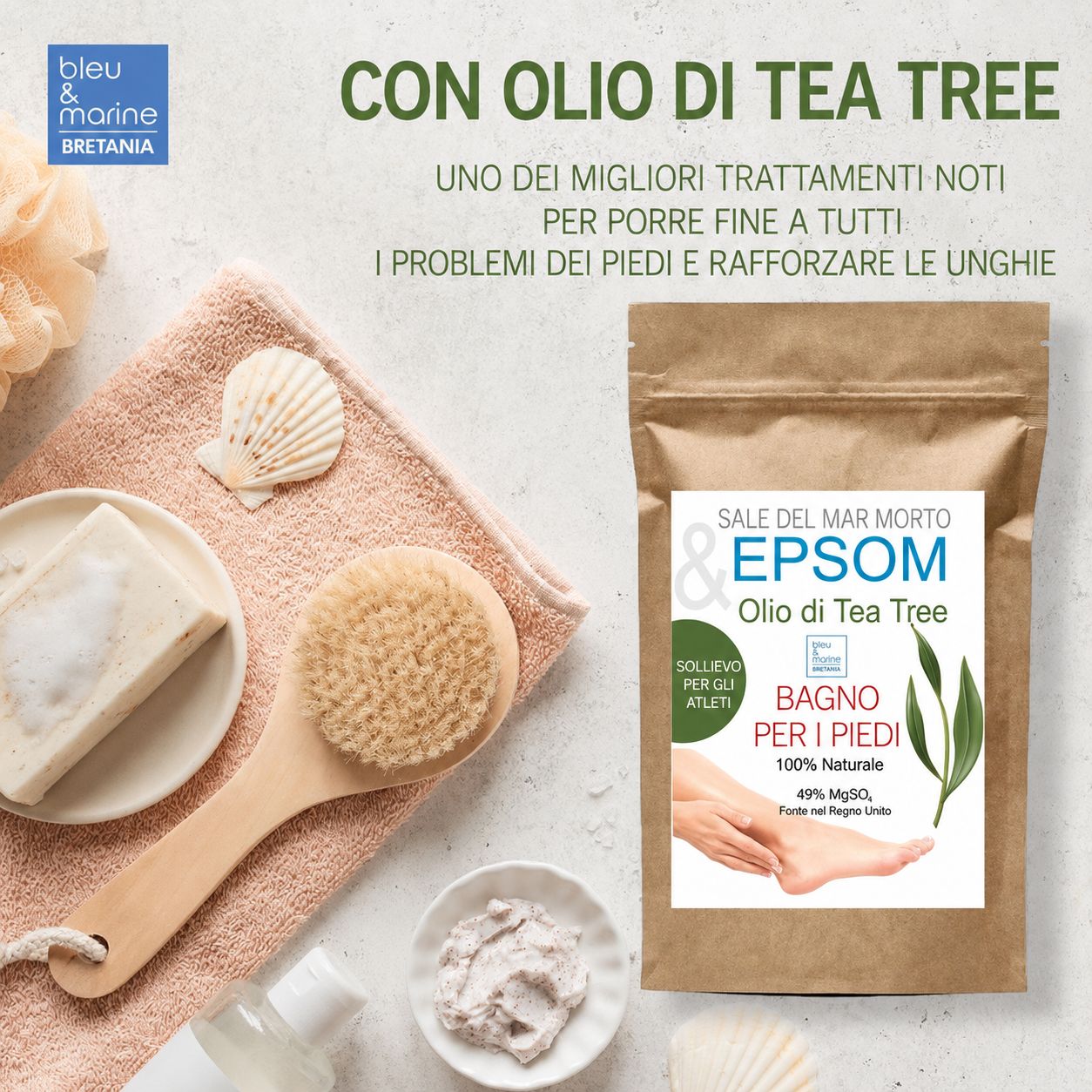 Confezione prodotto 'Dead Sea Salt & Epsom Oil of Tea Tree'. Altri: spazzola, asciugamano, conchiglie. Marchio: bleu & marine Bretania.