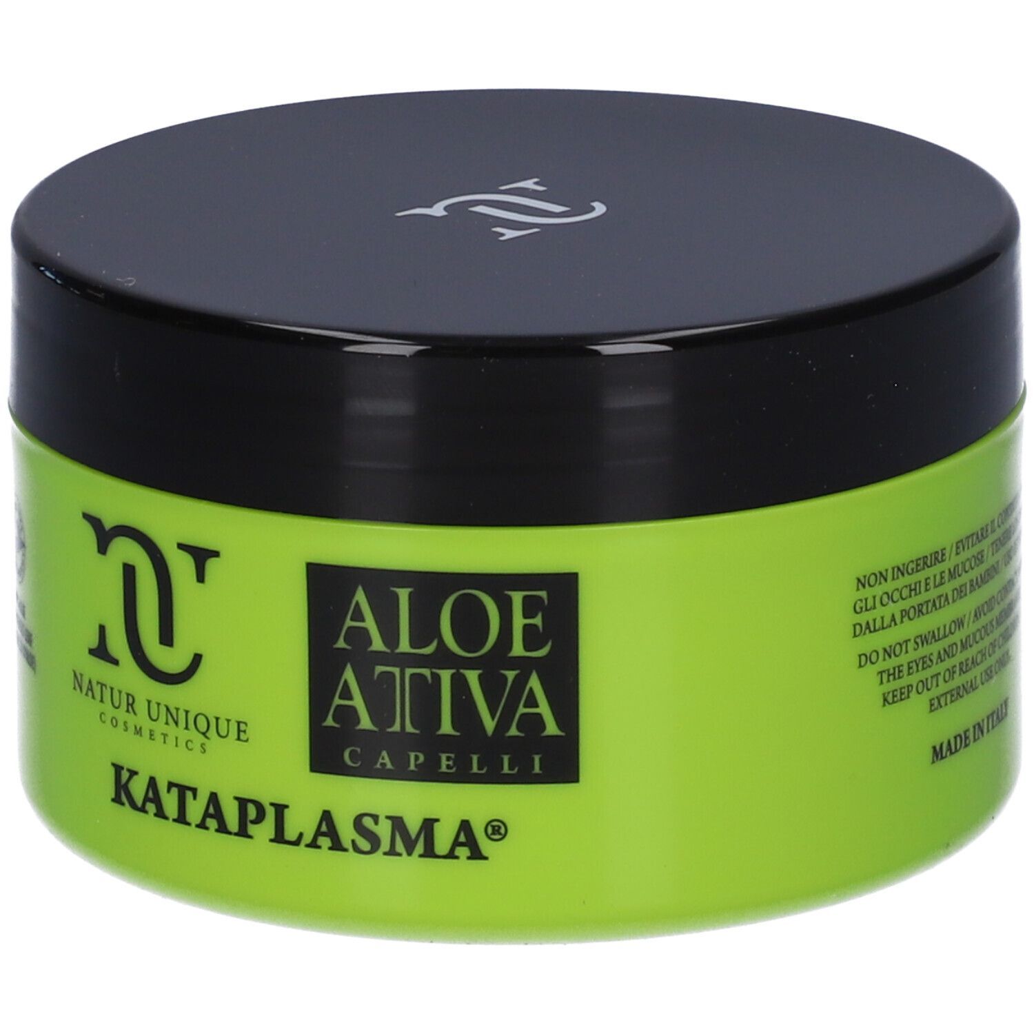 Vaso verde con coperchio nero. Scritta: Natur Unique Cosmetics, Aloe Attiva Capelli, Kataplasma.