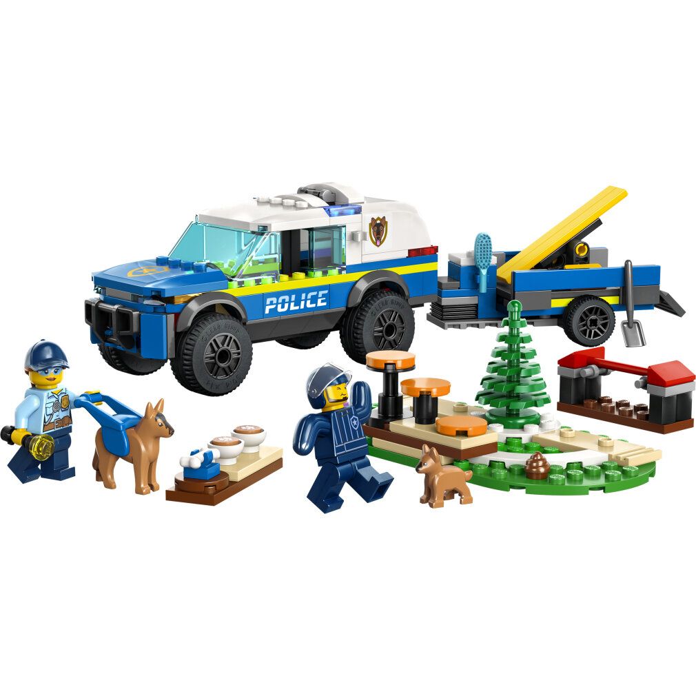 Set LEGO City. SUV della polizia, rimorchio, personaggi, cani, percorso addestramento. Vista dettagliata degli elementi.