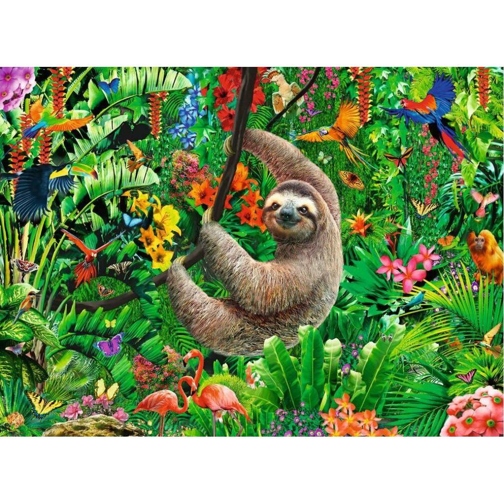 Puzzle Pz. Gemütliches Faultier 300T. Motivo bradipo, 300 pezzi. Scena della giungla con bradipo, uccelli e fiori. Senza confezione.