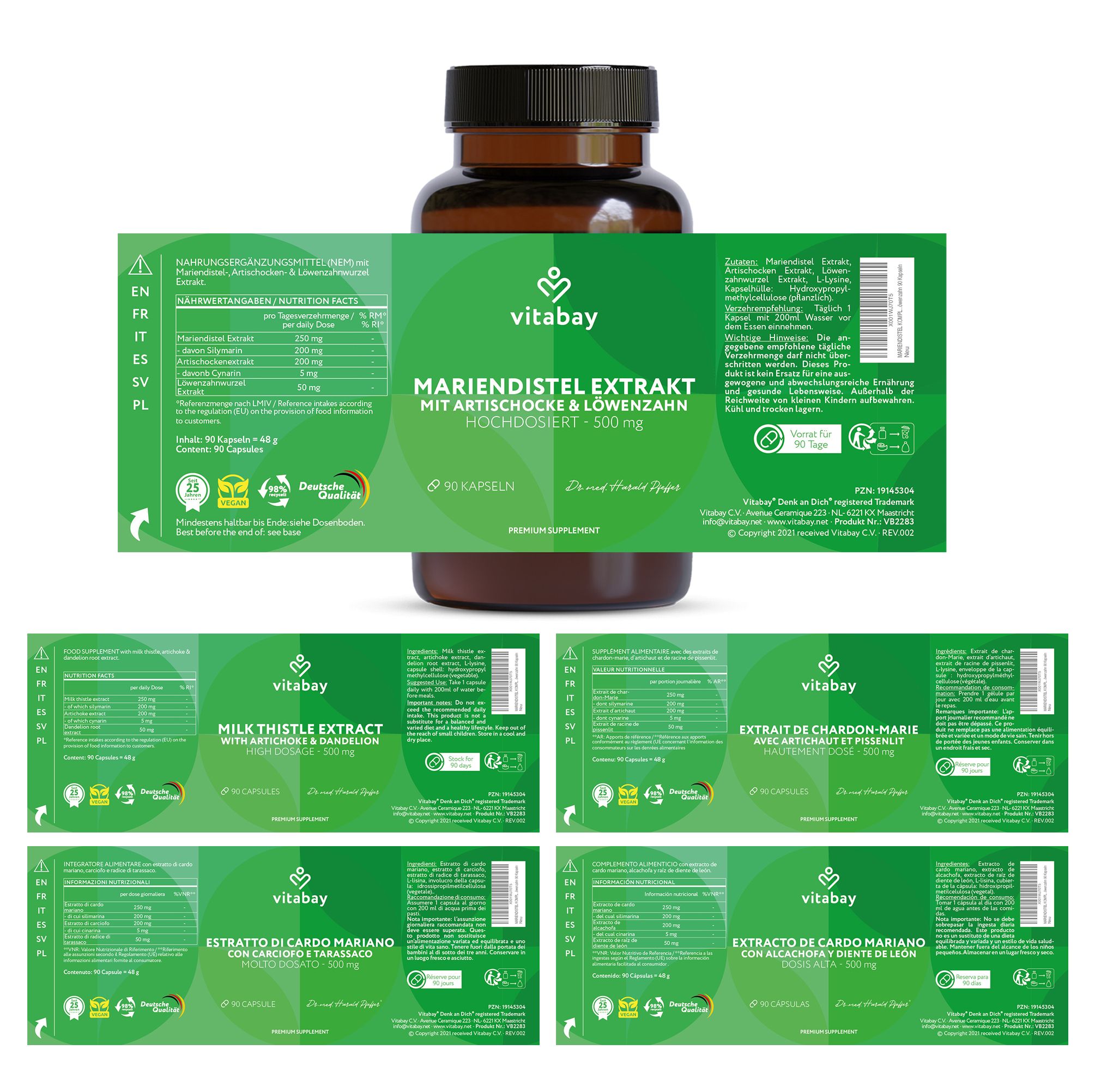 Un flacone di capsule e diverse etichette con informazioni sul prodotto in diverse lingue.