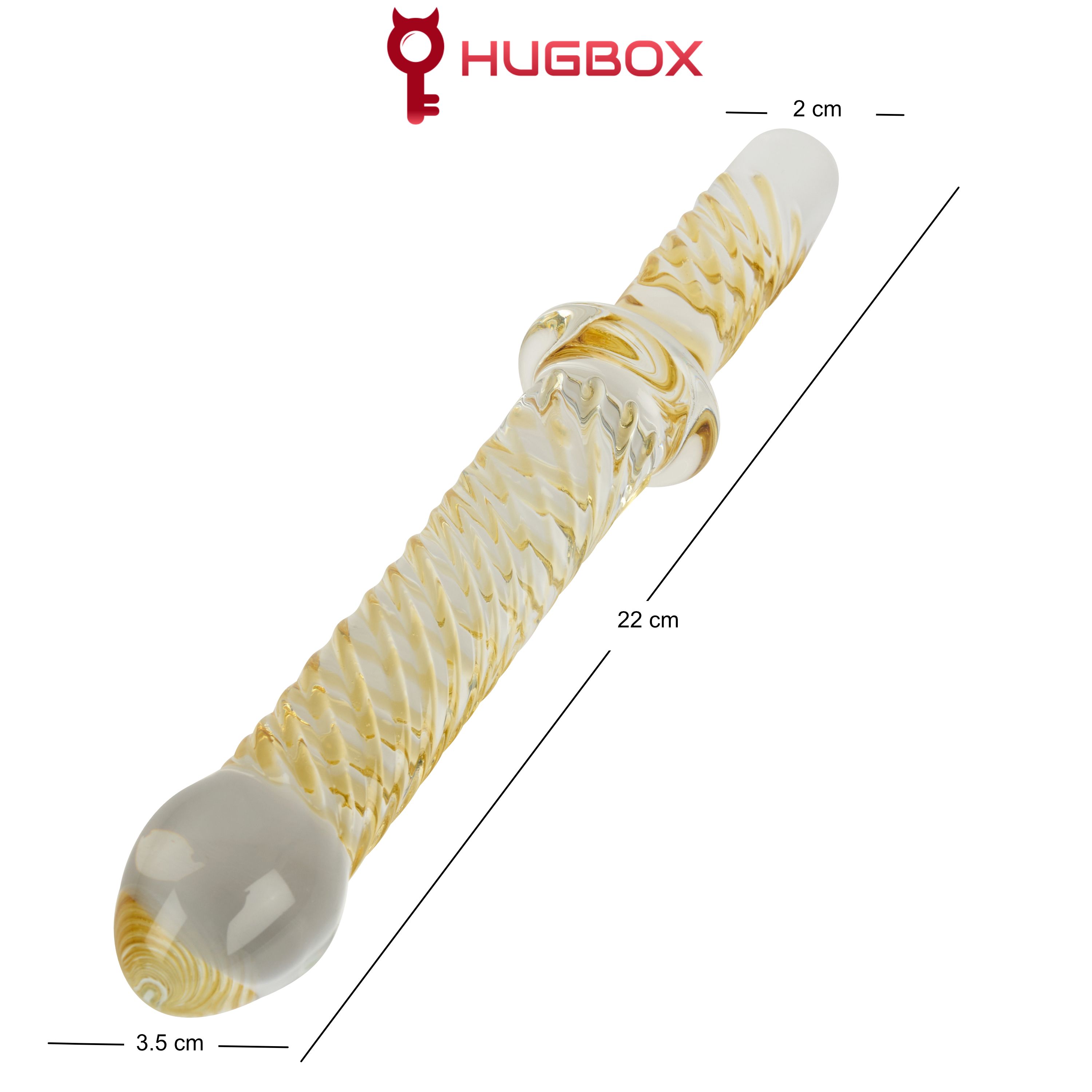 Stimolatore in vetro, superficie scanalata. Design giallo-bianco. Dimensioni: 22 cm lungo, 3,5 cm largo, 2 cm diametro. Logo HUGBOX.