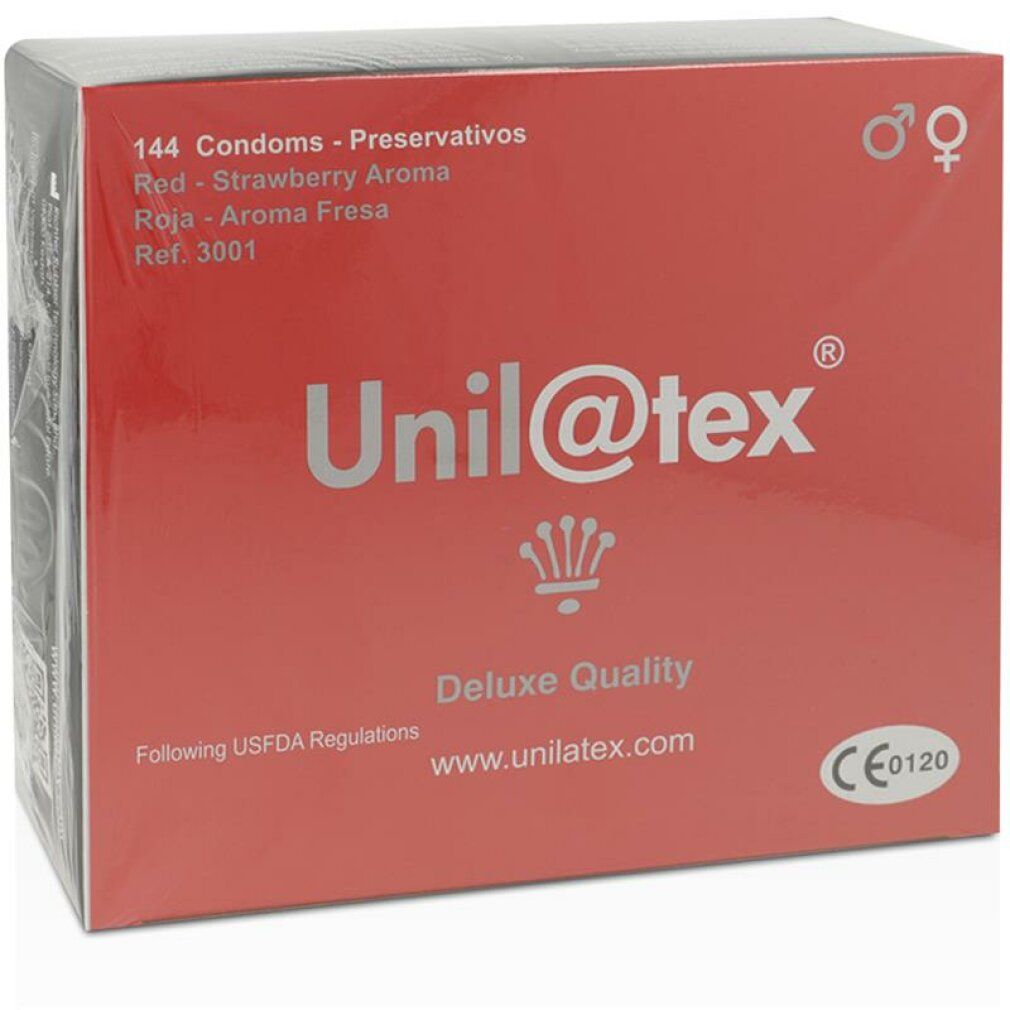 Confezione rossa Unil@tex, 144 preservativi, aroma fragola. Marchio CE.