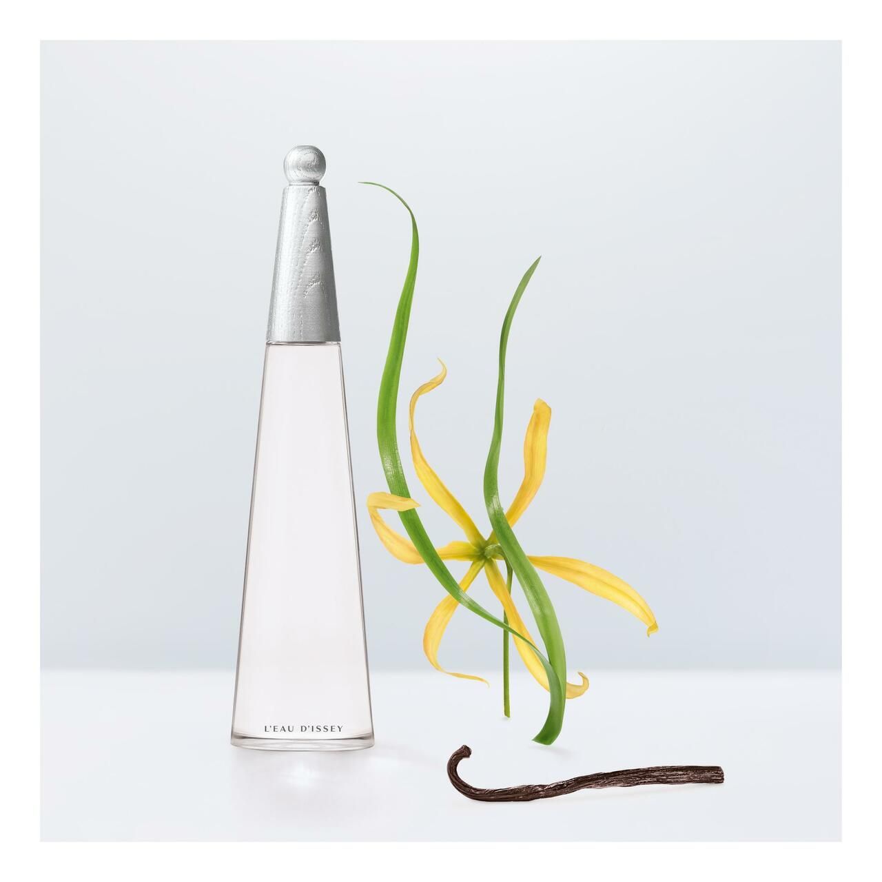 Flacone L'Eau d'Issey EdP Nat. Spray Intense, accanto a fiori gialli, foglie verdi e baccello di vaniglia. Testo: L'EAU D'ISSEY.