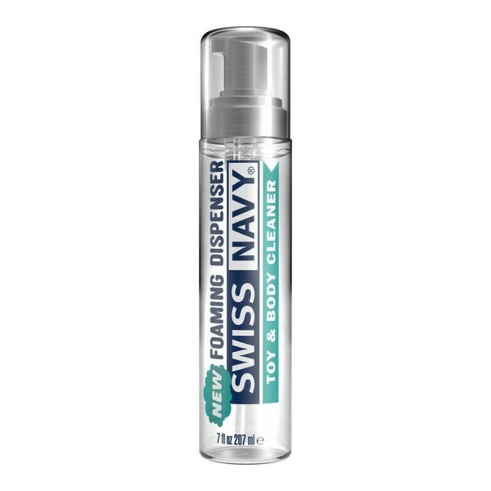 Flacone trasparente con erogatore a pompa. Scritta: Swiss Navy Toy & Body Cleaner. 7 fl oz.