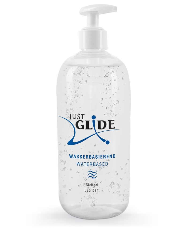 Gel lubrificante Just Glide a base d'acqua, in flacone trasparente con dispenser e bollicine.