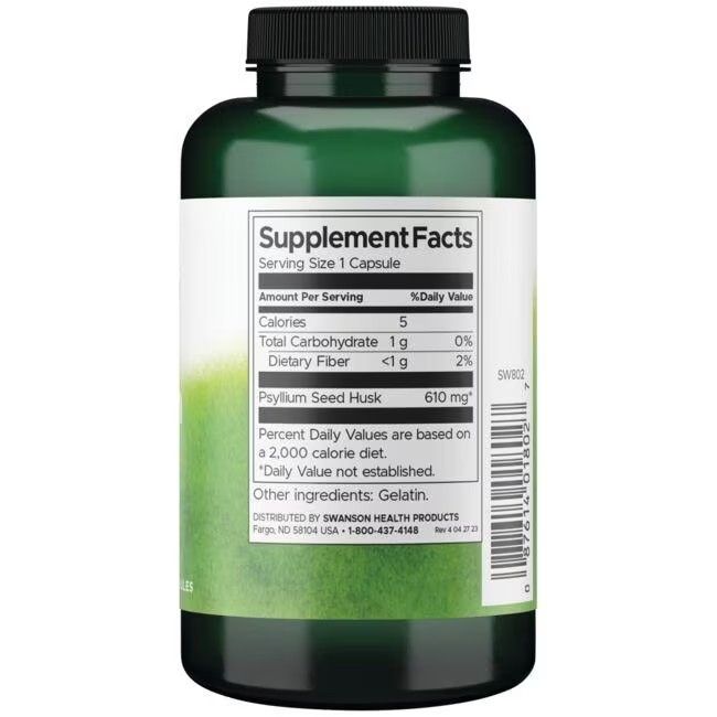 Retro del flacone verde. Scritta: Supplement Facts. Contiene informazioni nutrizionali e ingredienti: gelatina.