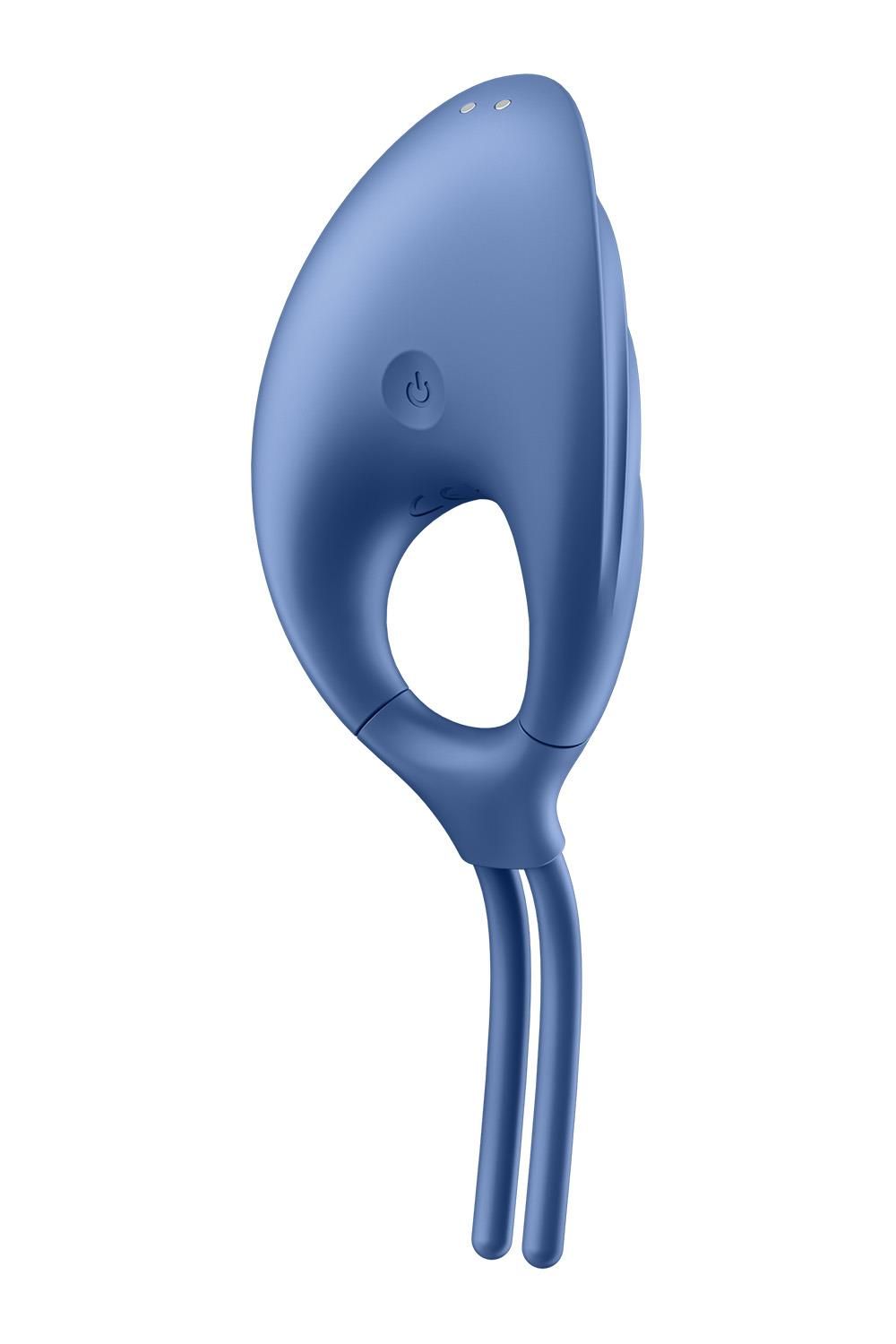 Vibratore ad anello blu. Forma ovale con foro centrale. Pulsante on/off e due steli.
