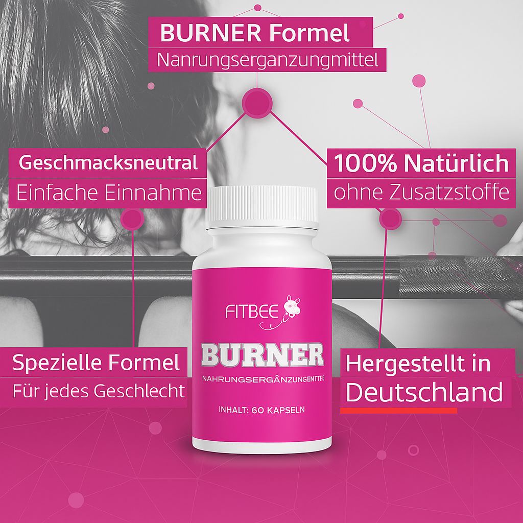 Flacone con etichetta rosa. Testo: FITBEE BURNER, integratore alimentare, prodotto in Germania. 60 capsule. Testi aggiuntivi.