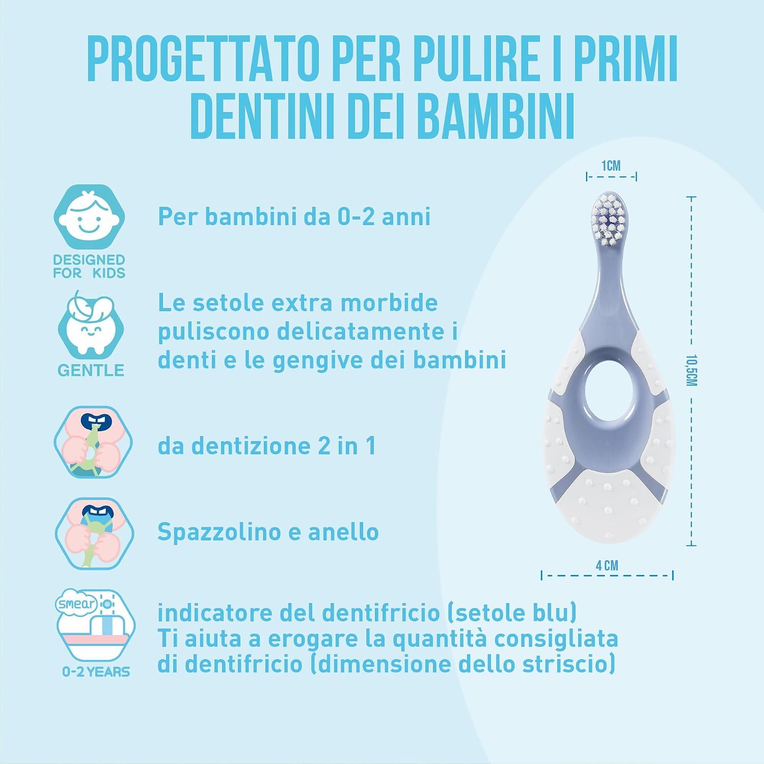 Spazzolino grigio per neonati, setole extra morbide, lungo 10,5 cm, con indicatore dentifricio.