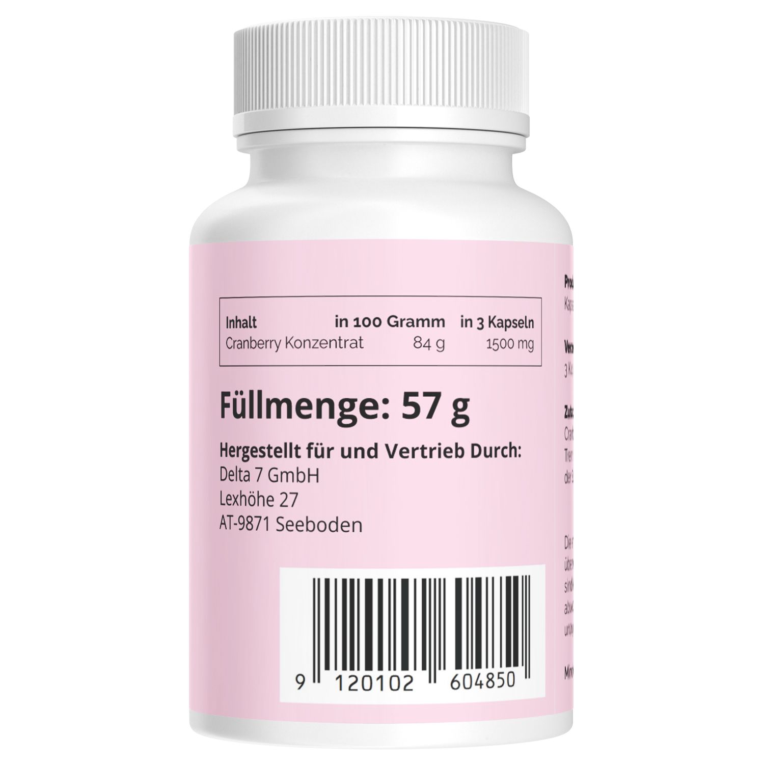 Retro del flacone. Etichetta rosa con quantità: 57 g. Informazioni produttore e codice a barre.