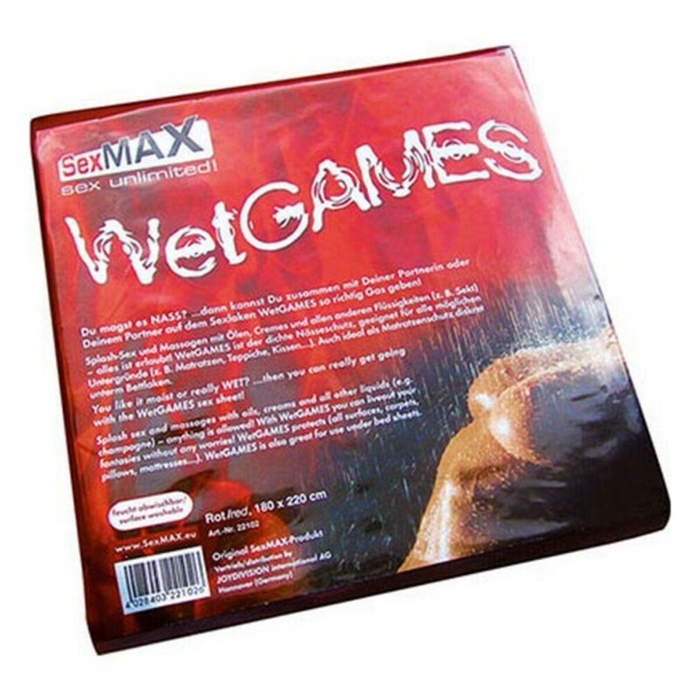 Lenzuolo da sesso in confezione rossa. Stampa: WetGames, SexMAX. Dimensioni: 180 x 220 cm. Testo in tedesco e inglese.
