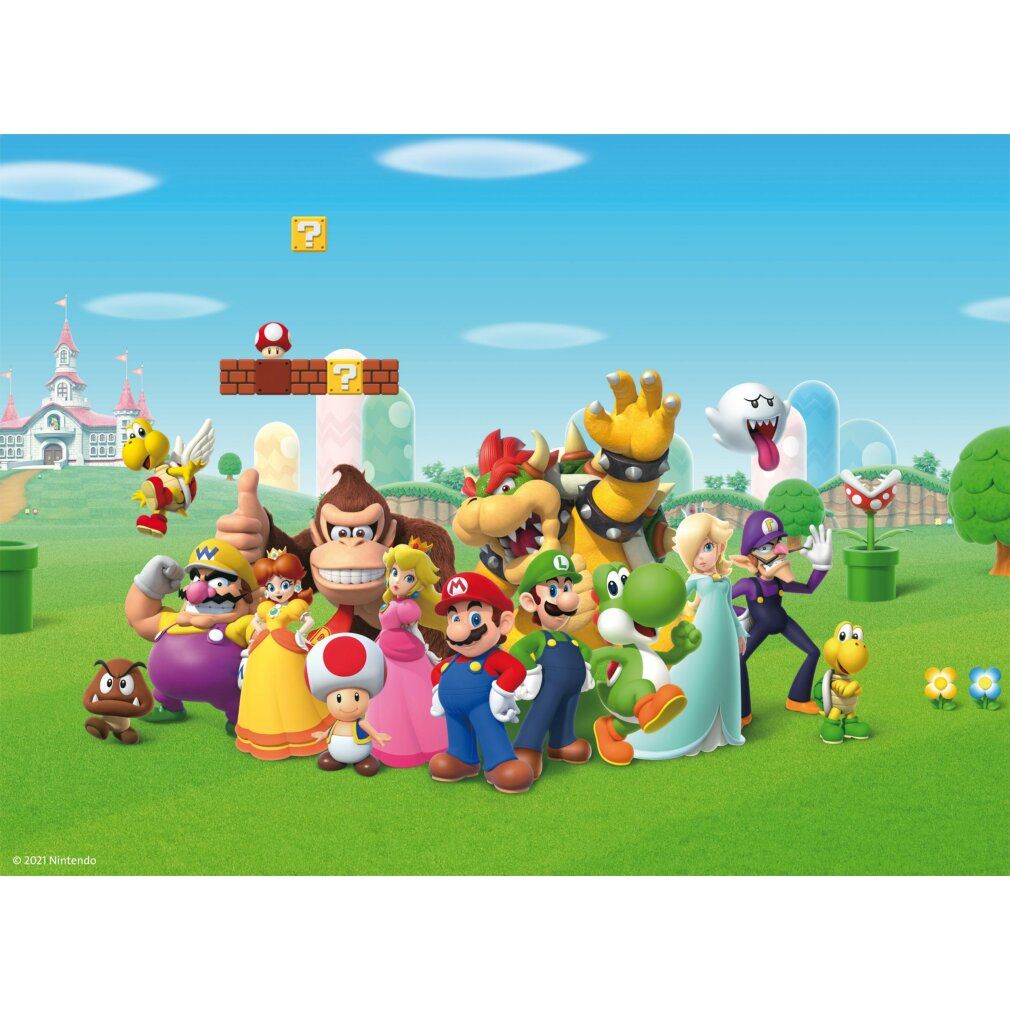 Puzzle con personaggi di Super Mario su prato verde davanti a cielo blu. Personaggi: Mario, Luigi, Peach, Yoshi, Bowser, Donkey Kong, ecc.
