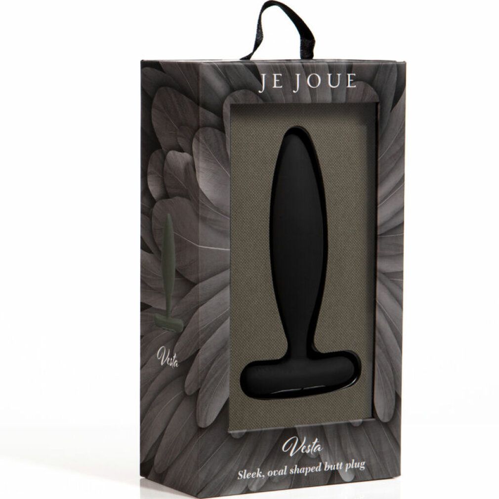 Confezione con plug anale nero. Marchio Je Joue. Nome prodotto Vesta. Testo: Sleek, oval shaped butt plug.
