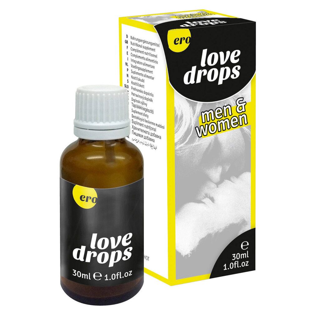 Flacone in vetro marrone con tappo bianco ed etichetta nera, accanto a una confezione gialla e nera. Entrambi riportano la scritta "love drops".