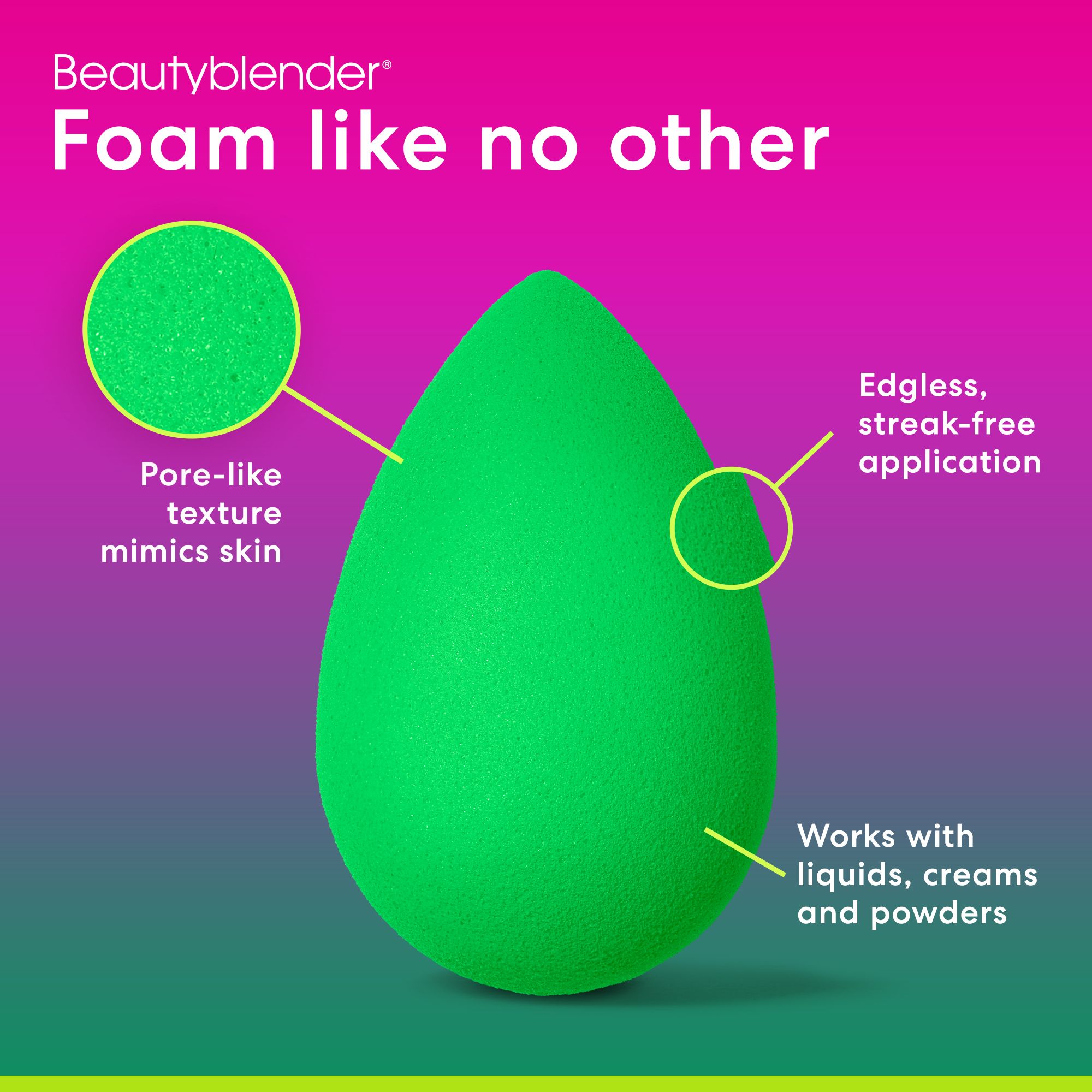 Spugna verde a forma di goccia. Testo: Beautyblender, Foam like no other. Texture simile ai pori, applicazione senza bordi.