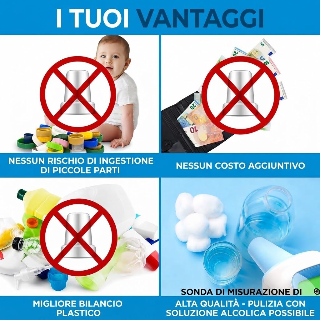 Termometro senza contatto con icone di sicurezza: nessun rischio di ingestione, nessun costo aggiuntivo, migliore bilancio plastico, alta qualità.