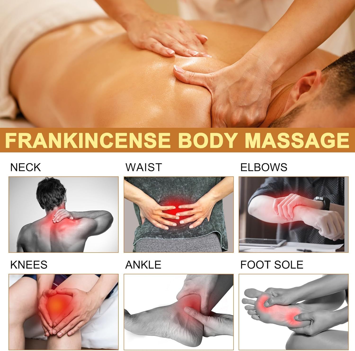 Massaggio corpo all'incenso. Le immagini mostrano le aree di dolore: collo, vita, gomiti, ginocchia, caviglia, pianta del piede. Testo: Frankincense Body Massage.