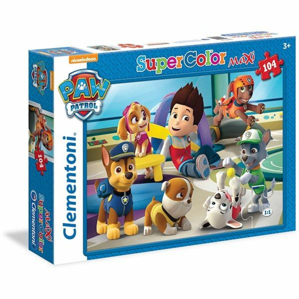 Scatola puzzle Paw Patrol. Scritta: Super Color Maxi, 104 pezzi. Logo Clementoni. Per bambini dai 3 anni in su.