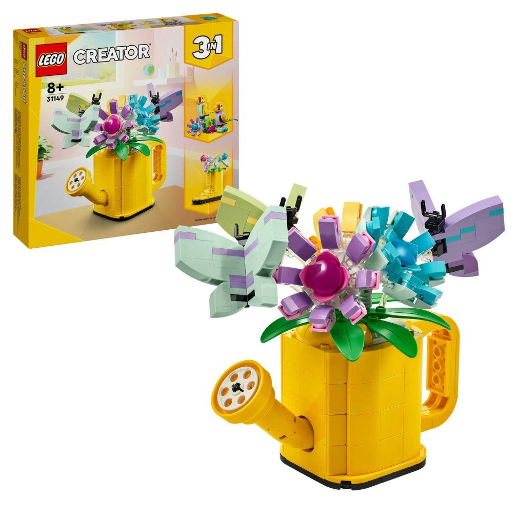 Set LEGO annaffiatoio giallo con fiori colorati. La confezione mostra il modello 3-in-1. Età consigliata: 8+
