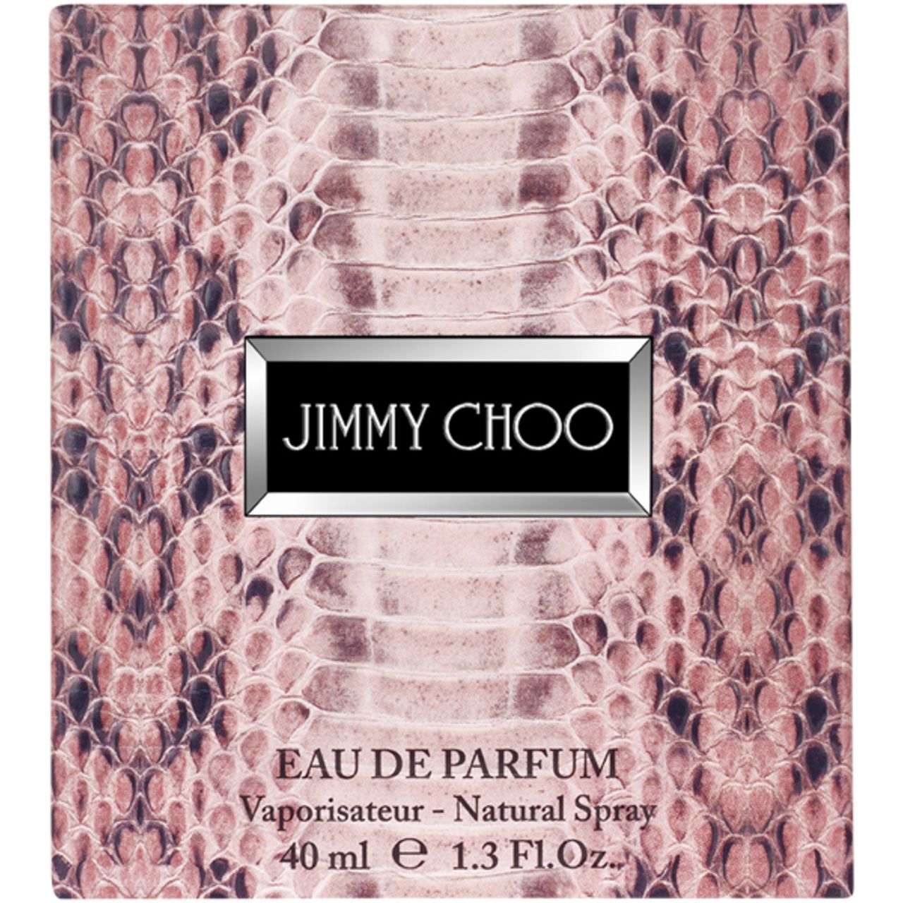 Confezione con motivo a serpente e logo "Jimmy Choo". Testo: Eau de Parfum, Vaporisateur, Natural Spray.