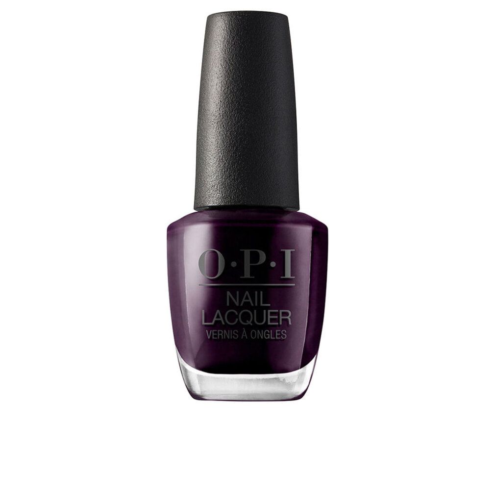 Flacone di smalto viola scuro con tappo nero. OPI Nail Lacquer. Flacone di vetro.