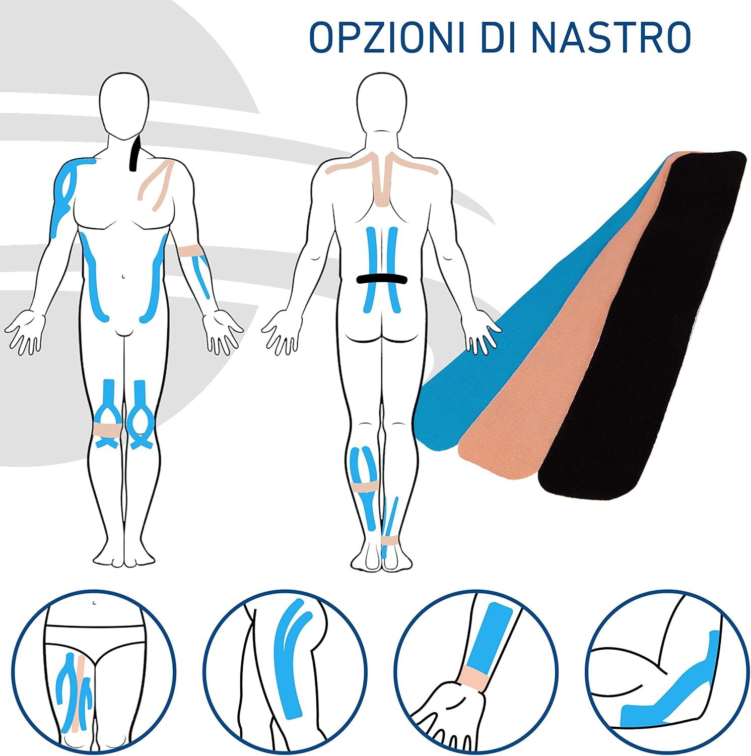 Grafico con diversi colori e applicazioni di kinesio tape. Diverse aree del corpo.