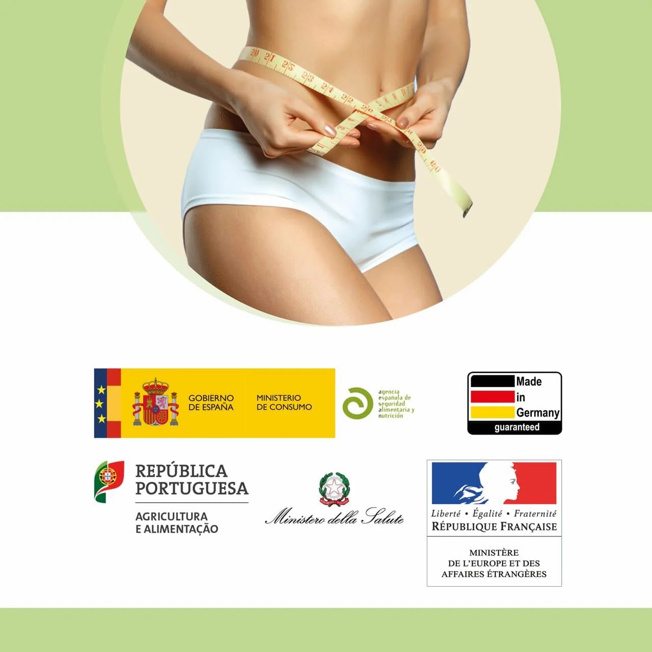 Illustrazione di una donna che misura la pancia con un metro a nastro. Loghi di certificazioni.