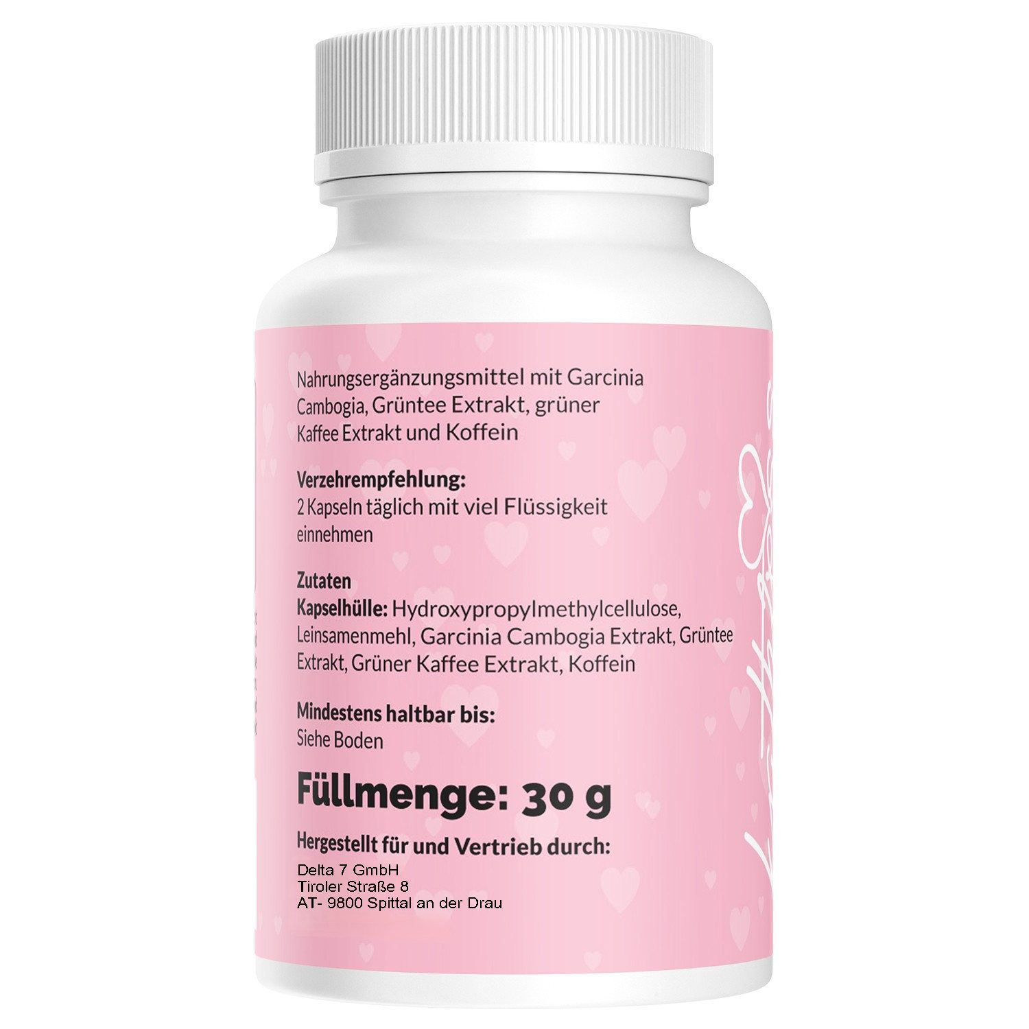 Retro del flacone bianco con etichetta rosa. Testo: Integratore alimentare con Garcinia Cambogia, estratto di tè verde, estratto di caffè verde e caffeina.