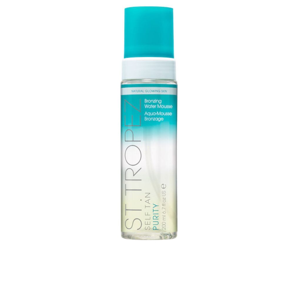 Flacone di Mousse Bronzante St. Tropez. Tappo turchese e bianco, flacone trasparente. Testo: SELF TAN PURITY, Aqua-Mousse bronzage.