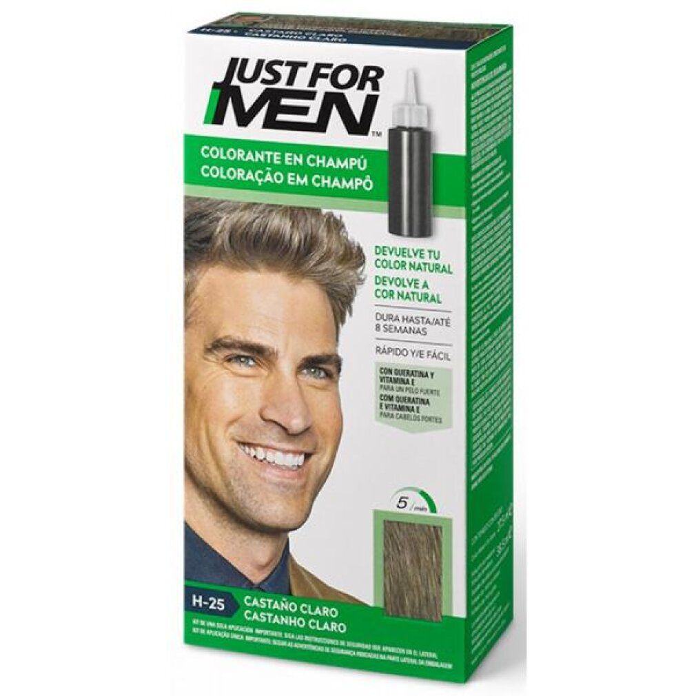 Confezione di tintura per capelli Just For Men, Castano Chiaro. Mostra un uomo con capelli tinti.