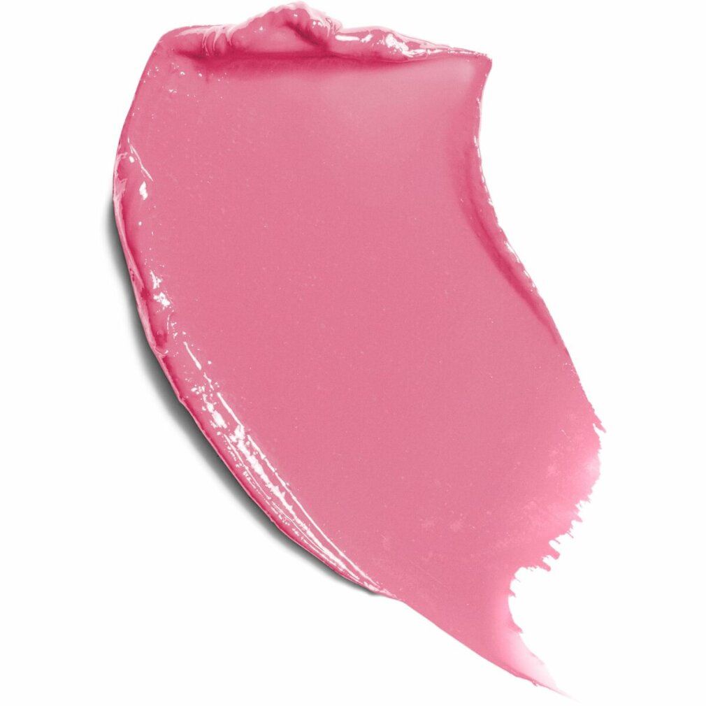 Campioni di rossetto rosa su sfondo bianco. Il rossetto è applicato con un motivo curvo.