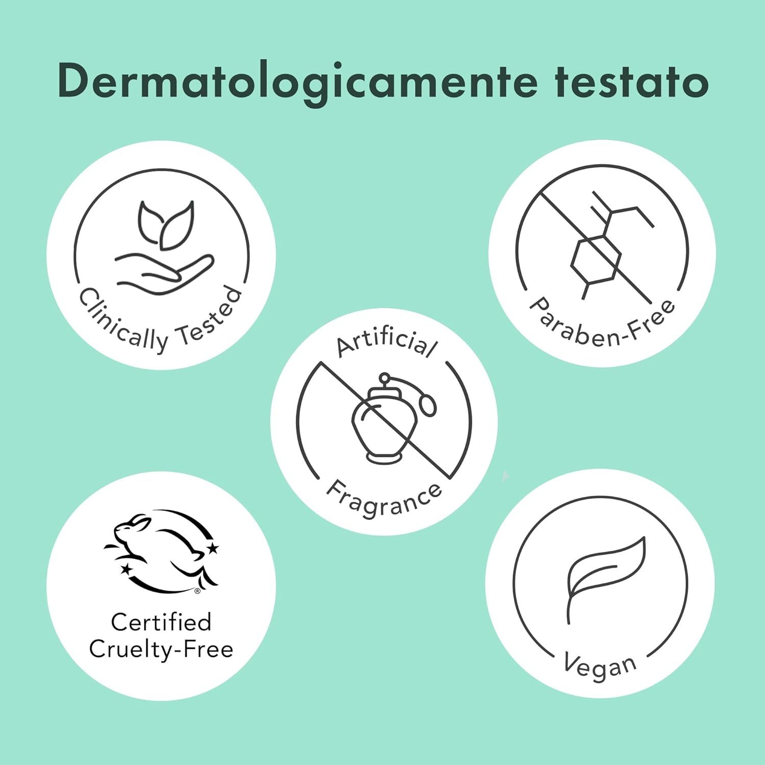 Loghi circolari. Testo: Dermatologicamente testato, clinicamente testato, senza parabeni, senza profumo artificiale, vegano, cruelty-free.