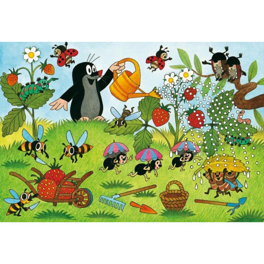 Illustrazione puzzle: la talpa innaffia le piante. Api, coccinelle, fragole e altri personaggi in giardino.