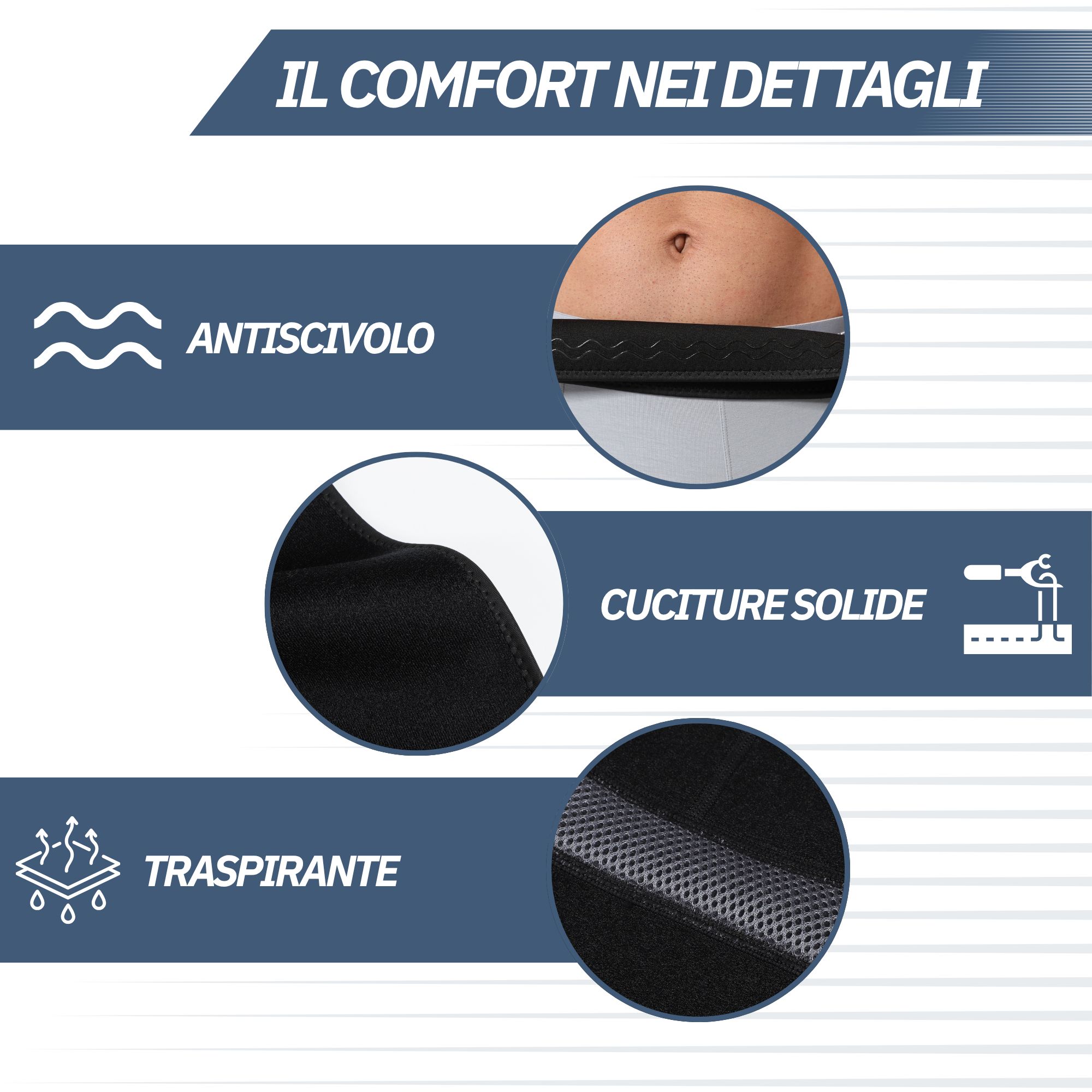 Bendaggio anca e coscia: antiscivolo, cuciture solide, traspirante. Dettagli mostrano velcro, cuciture e tessuto traspirante.