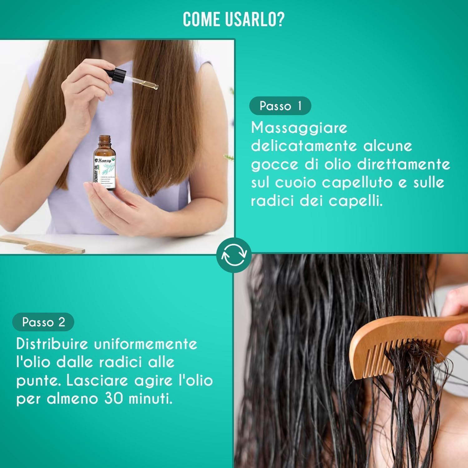 Istruzioni per l'uso. Donna con flacone d'olio e pettine. Fase 1: Applicare l'olio sul cuoio capelluto. Fase 2: Distribuire e lasciare agire 30 minuti.