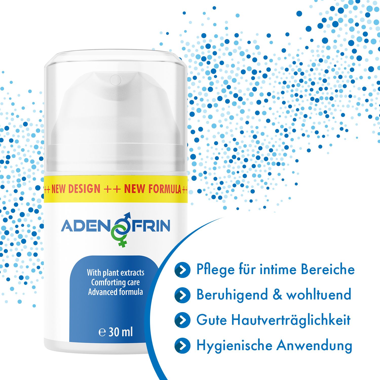 Erogatore bianco con etichetta blu. Testo: Adenofrin, con estratti vegetali, Comforting care, Advanced formula, e 30 ml. Simbolo maschile e femminile.