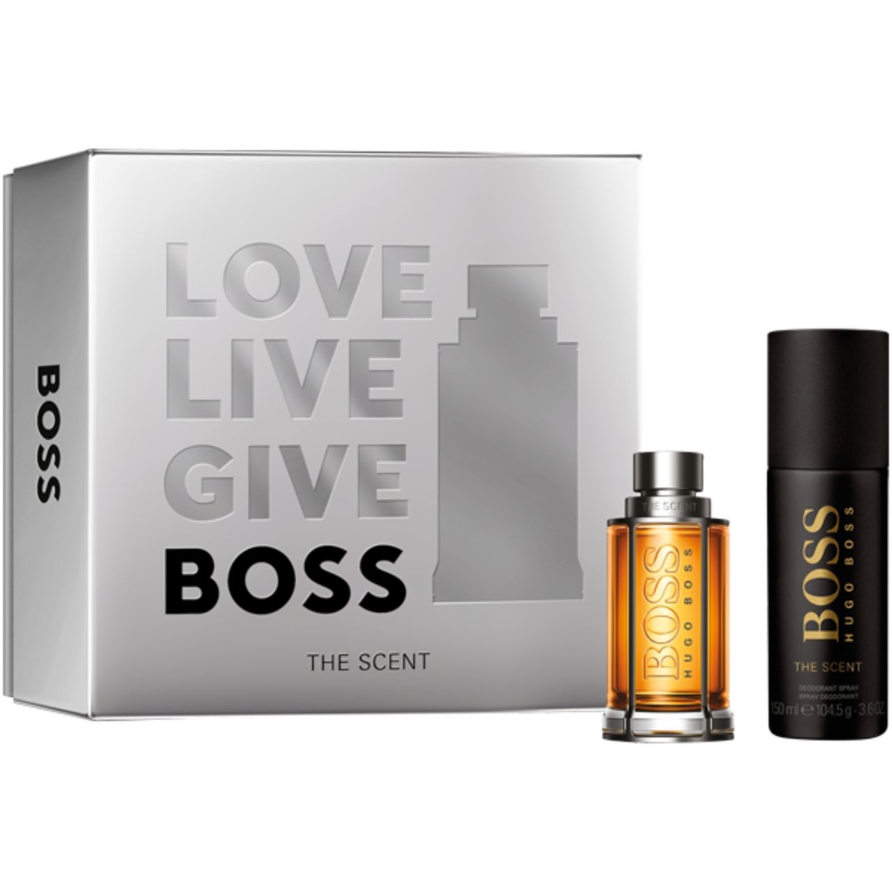Set regalo BOSS. Scatola argentata con logo e scritta BOSS. Flacone con liquido ambrato e deodorante nero.